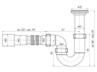 Сифон для мойки АНИ Пласт D0515 1 1/2 дюйма 40 мм прямоточный с гибкой трубой 40х40/50 мм