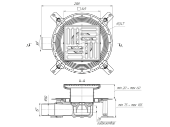 Трап горизонтальный регулируемый АНИ Пласт TVA5612 выпуск 50 мм с решеткой из нержавеющей стали 150х150 мм