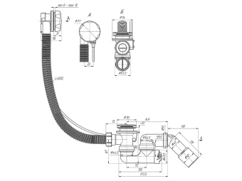 Перелив полуавтомат с регулируемым сифоном АНИ Пласт EM321 580 мм с переходной трубой 45 градусов 40х50 мм, толщина ванн до 13 мм