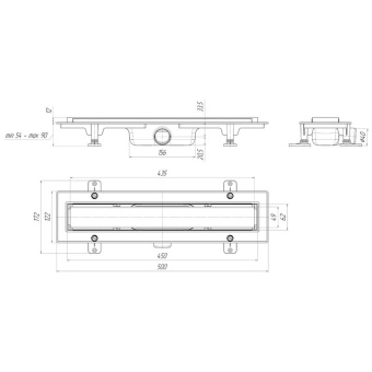Трап линейный пластиковый АНИ Пласт TLQ1145G DN40 с сухим затвором и глянцевой решёткой Штиль 450х62 мм