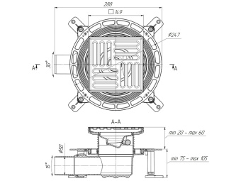 Трап для душа АНИ Пласт TVQ5612 DN50 горизонтальный регулируемый с сухим затвором и решёткой из нержавеющей стали 150х150 мм