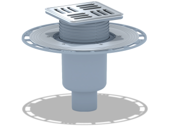 Трап вертикальный регулируемый АНИ Пласт THA5714M выпуск 50 мм с решеткой и обрешеткой из нержавеющей стали 120х120 мм