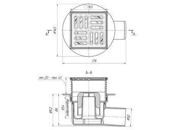 Трап горизонтальный регулируемый АНИ Пласт TA5602 выпуск 50 мм с решеткой из нержавеющей стали 100х100 мм