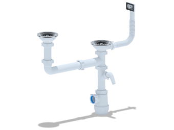 Сифон для мойки АНИ Пласт Грот A7700S 3 1/2 дюйма 40 мм двойной разноуровневый с гибким переливом и отводом для стиральной машины