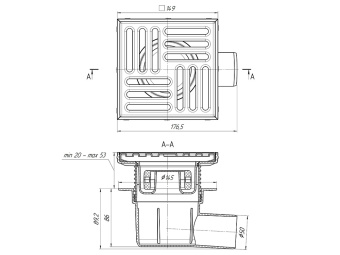 Трап для душа АНИ Пласт TQ5612 DN50 горизонтальный регулируемый с сухим затвором и решёткой из нержавеющей стали 150х150 мм