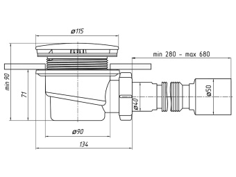 Сифон для душевого поддона АНИ Пласт E325C 1 1/2 дюйма 90 мм высота 65 мм хром с гибкой трубой 40х50 мм