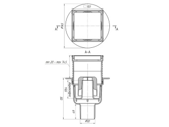 Трап вертикальный регулируемый АНИ Пласт TA5902 выпуск 50 мм с решеткой из нержавеющей стали 100х100 мм под плитку