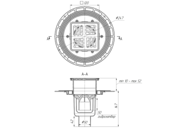 Трап вертикальный регулируемый АНИ Пласт THA5714M выпуск 50 мм с решеткой и обрешеткой из нержавеющей стали 120х120 мм
