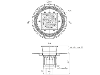 Трап вертикальный регулируемый АНИ Пласт THA5714 выпуск 50 мм с решеткой из нержавеющей стали 120х120 мм