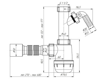 Сифон для мойки АНИ Пласт Грот A1030 1 1/2 дюйма 40 мм с отводом для стиральной машины без выпуска с гибкой трубой 40х50 мм