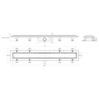 Трап линейный пластиковый АНИ Пласт TLQ1075 DN40 с сухим затвором и матовой решёткой под плитку МОЛ 750х62 мм