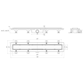 Трап линейный пластиковый АНИ Пласт TLQ1165G DN40 с сухим затвором и глянцевой решёткой Штиль 650х62 мм