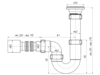 Сифон для мойки АНИ Пласт D0110 1 1/2 дюйма 40 мм прямоточный с гибкой тубой 40х50 мм
