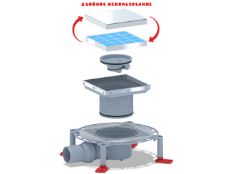 Трап для душа АНИ Пласт TVQ5812 DN50 горизонтальный регулируемый с сухим затвором и с решёткой из нержавеющей стали 150х150 мм под плитку