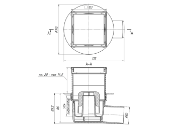 Трап горизонтальный регулируемый АНИ Пласт TA5802 выпуск 50 мм с решеткой из нержавеющей стали 100х100 мм под плитку