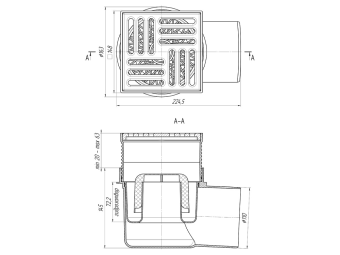 Трап для душа АНИ Пласт TA1616 горизонтальный регулируемый с выпуском 110 мм и чугунной решеткой 150х150 мм