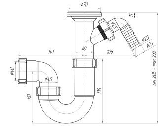 Сифон для мойки АНИ Пласт D2000 1 1/2 дюйма 40 мм прямоточный с литым выпуском и отводом для стиральной машины