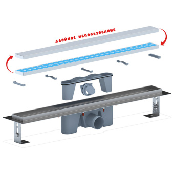 Трап линейный из нержавеющей стали АНИ Пласт TLZ2065 DN50 с комбинированным затвором матовой решёткой под плитку МОЛ 650х65 мм