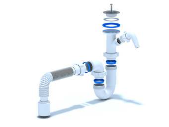 Сифон для мойки АНИ Пласт D2010 1 1/2 дюйма 40 мм прямоточный с литым выпуском с отводом для стиральной машины и гибкой трубой 40х50 мм