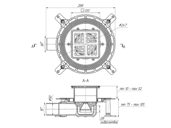Трап для душа АНИ Пласт TVZ5614M DN50 горизонтальный регулируемый с комбинированным затвором, решёткой и обрешеткой из нержавеющей стали 120х120 мм