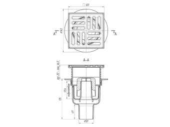 Трап вертикальный регулируемый АНИ Пласт TA5714 слив 50 мм с решеткой из нержавеющей стали 120х120 мм