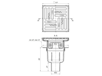 Трап для душа АНИ Пласт TQ5712 DN50 вертикальный регулируемый с сухим затвором и решёткой из нержавеющей стали 150х150 мм