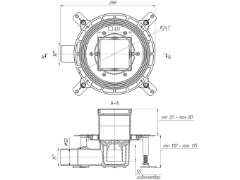 Трап горизонтальный регулируемый АНИ Пласт THA5802 выпуск 50 мм с решеткой из нержавеющей стали 100х100 мм под плитку