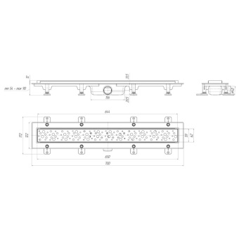 Трап линейный пластиковый АНИ Пласт TLQ1365M DN40 с сухим затвором и матовой решёткой Бриз 650х62 мм