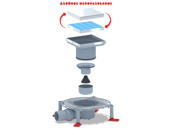 Трап для душа АНИ Пласт TVZ5812 DN50 горизонтальный регулируемый с комбинированным затвором и решёткой из нержавеющей стали 150х150 мм под плитку