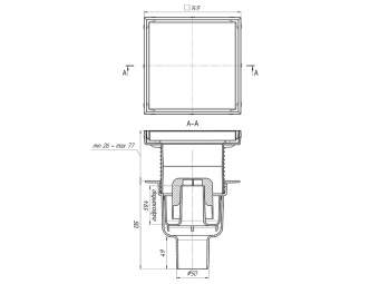 Трап вертикальный регулируемый АНИ Пласт TA5912 выпуск 50 мм с решеткой из нержавеющей стали 150х150 мм под плитку