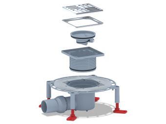 Трап для душа АНИ Пласт THQ5614M DN50 горизонтальный регулируемый с сухим затвором, решёткой и обрешёткой из нержавеющей стали 120х120 мм