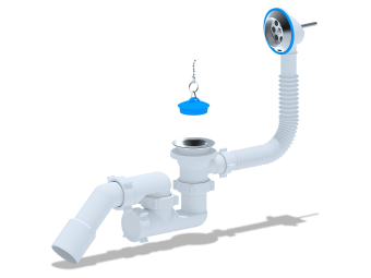 Сифон для ванны АНИ Пласт E251 1 1/2 дюйма регулируемый с переливом и переходной трубой 45 градусов 40х50 мм