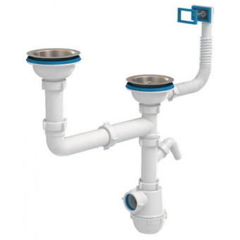 Сифон для мойки АНИ Пласт Грот A7700SP 3 1/2 дюйма 40 мм двойной с гибким переливом и отводом для стиральной машины
