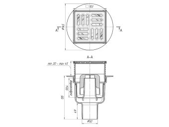 Трап вертикальный регулируемый АНИ Пласт TA5702 выпуск 50 мм с решеткой из нержавеющей стали 100х100 мм