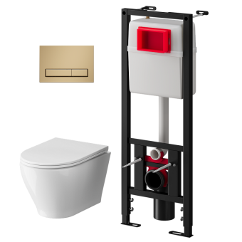 Набор инсталляции 40 см АНИ Пласт WN4 1455 Breeze с безободковым унитазом, с сиденьем микролифт, золото матовый клавишей WP1455