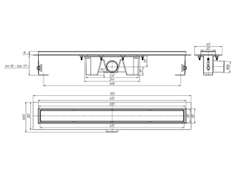 Трап линейный из нержавеющей стали АНИ Пласт TL2065 выпуск 50 мм под плитку 650 мм