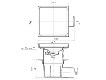 Трап для душа АНИ Пласт TQ5812 DN50 горизонтальный регулируемый с сухим затвором и решёткой из нержавеющей стали 150х150 мм под плитку