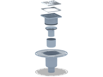 Трап вертикальный регулируемый АНИ Пласт THA5714M выпуск 50 мм с решеткой и обрешеткой из нержавеющей стали 120х120 мм