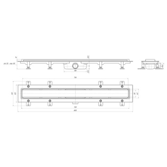 Трап линейный пластиковый АНИ Пласт TLQ1175G DN40 с сухим затвором и глянцевой решёткой Штиль 750х62 мм