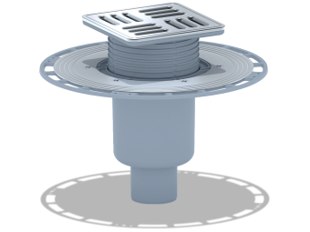 Трап вертикальный регулируемый АНИ Пласт TVA5714M выпуск 50 мм с решеткой и обрешеткой из нержавеющей стали 120х120 мм