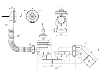 Сифон для ванны АНИ Пласт E051 1 1/2 дюйма плоский с переливом и переходной трубой 45 градусов 40х50 мм