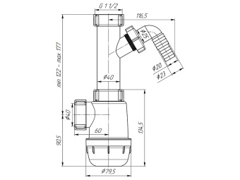 Сифон для мойки АНИ Пласт Грот A1020 1 1/2 дюйма 40 мм с отводом для стиральной машины без выпуска