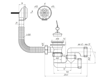 Сифон для ванны АНИ Пласт E250 1 1/2 дюйма регулируемый с переливом