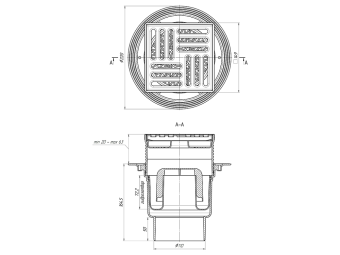 Трап для душа АНИ Пласт TA1712 вертикальный регулируемый с выпуском 110 мм и решеткой из нержавеющей стали 150х150 мм