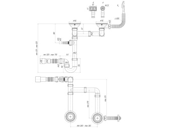 Cифон двойной для мойки АНИ Пласт LD0515SA15 3 1/2 дюйма 40 мм смещенный с отводом для стиральной машины с гибким переливом и гибкой трубой 40х40/50 мм