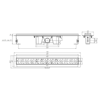 Трап линейный из нержавеющей стали АНИ Пласт TLZ2365M DN50 с комбинированным затвором матовой решёткой Бриз 650х65 мм