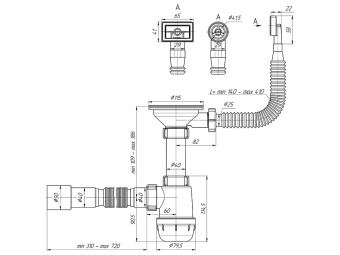 Сифон для мойки АНИ Пласт Грот A0145DIY 3 1/2 дюйма 40 мм с переливом и гибкой трубой 40х40/50 мм