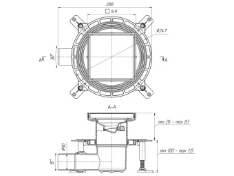 Трап для душа АНИ Пласт THQ5812 DN50 горизонтальный регулируемый с сухим затвором и решёткой из нержавеющей стали 150х150 мм под плитку