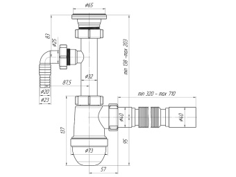 Сифон для раковины АНИ Пласт C1305 1 1/4 дюйма 40 мм с отводом для стиральной машины с гибкой трубой 40х40 мм