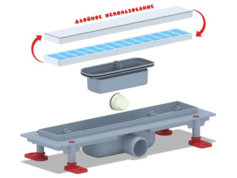 Трап линейный пластиковый АНИ Пласт TL1035 выпуск 40 мм решётка МОЛ нержавеющая сталь под плитку 350 мм